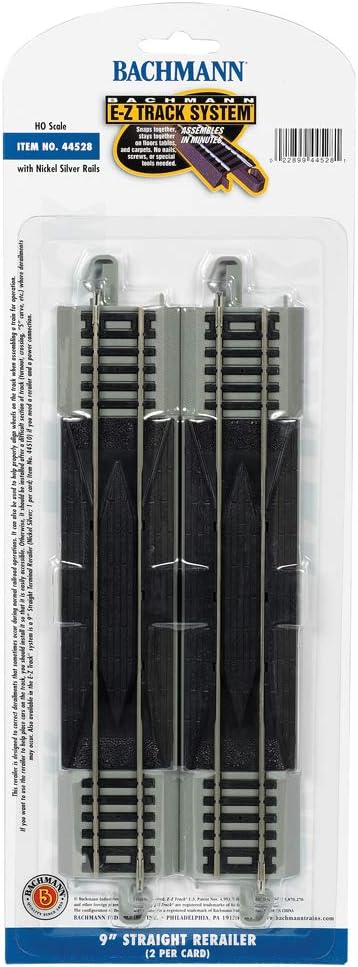 Bachmann Trains - Snap-Fit E-Z TRACK 9” STRAIGHT RERAILER (2/card) - NICKEL SILVER Rail With Gray Roadbed - HO Scale