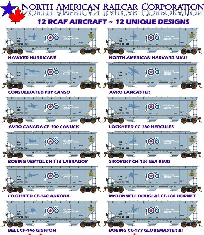 North American Railcar - N Scale - 3 Bay Hopper - Royal Canadian Air Force (RCAF)(Gray/White Lettering/ Blue/Red 100th Anniversary Logo)(Special Features) - Set - Road Numbers 1-12