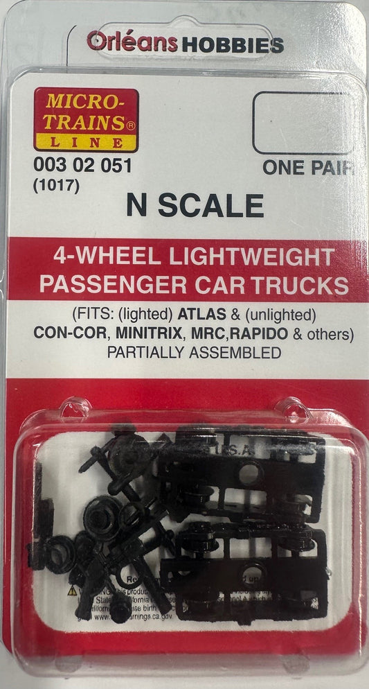 Micro Trains N 302051 Four-Wheel Passenger Car Trucks -- With Adjustable Length Couplers 1 Pair