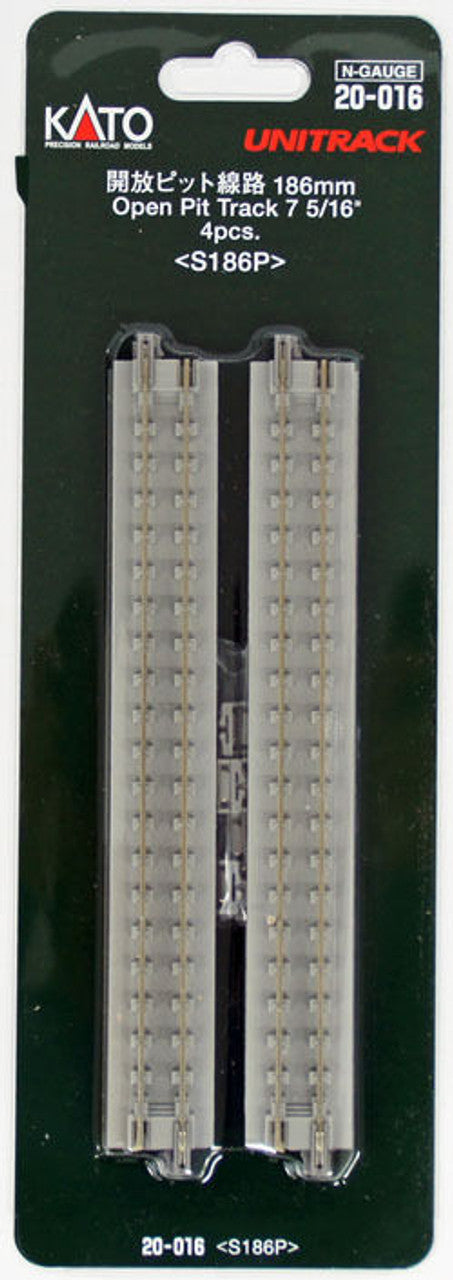 Kato 20-016 186mm (7 5/16') Open Pit Track S186P (4 pcs.) (N Scale)