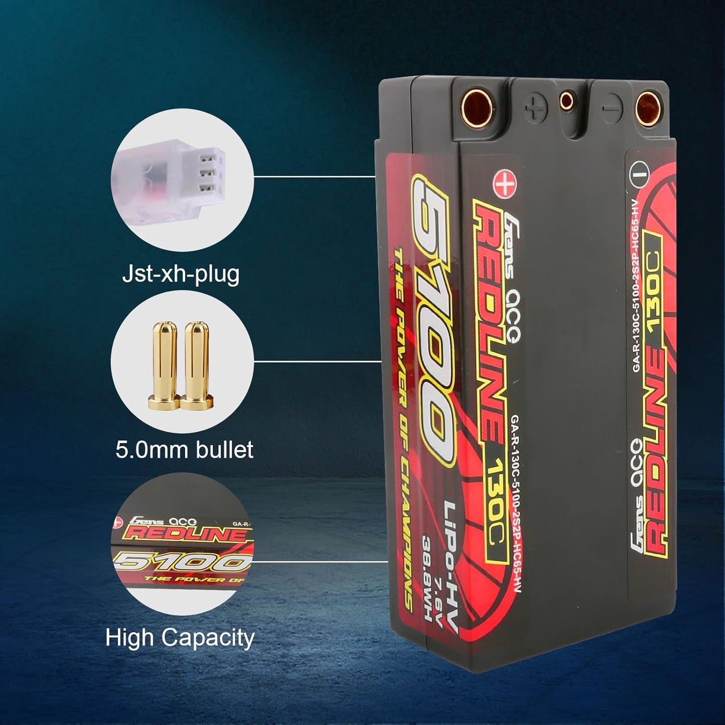 Gens ace Redline Series 5100mAh 7.6V 130C 2S2P HardCase HV Shorty Lipo Battery