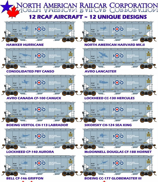North American Railcar - N Scale - 3 Bay Hopper - Royal Canadian Air Force (RCAF)(Gray/White Lettering/ Blue/Red 100th Anniversary Logo)(Special Features) - Set - Road Numbers 1-12