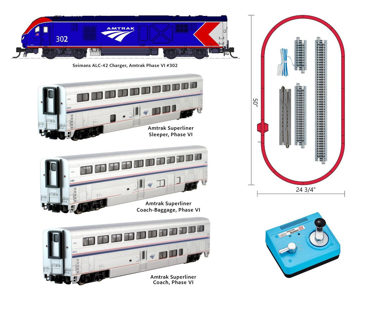 Kato 106-0019 - ALC-42 Charger & Superliner Starter Set Amtrak (AMTK) - N Scale