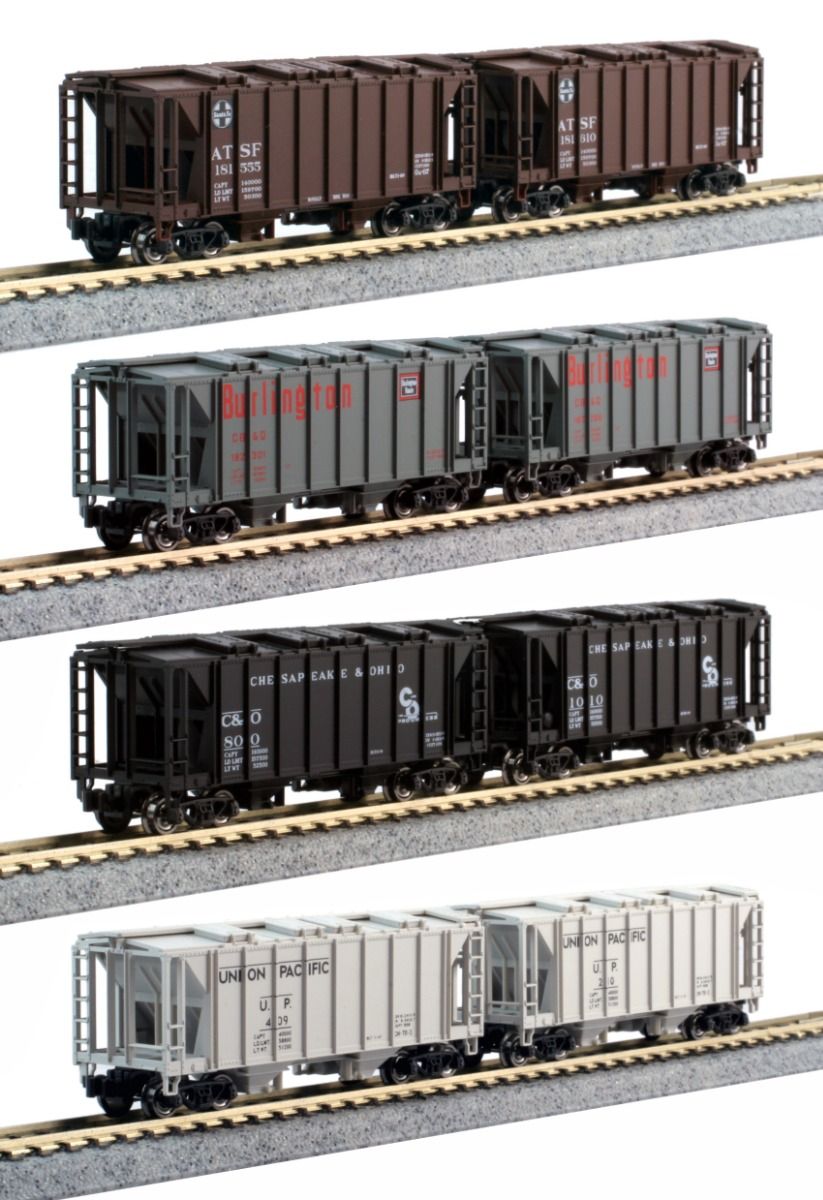 Kato 106-4700, N Scale ACF 70 Ton 2 Bay Covered Hopper 8 Car Set, 2 of each ATSF, CB&Q, C&O, UP