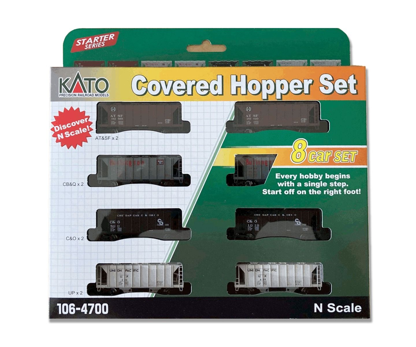 Kato 106-4700, N Scale ACF 70 Ton 2 Bay Covered Hopper 8 Car Set, 2 of each ATSF, CB&Q, C&O, UP