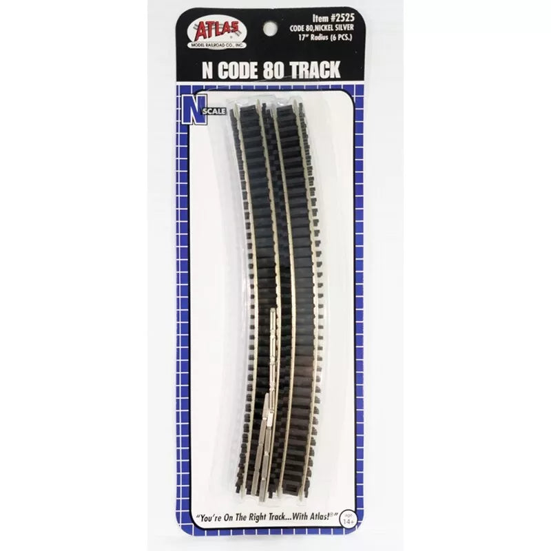 Atlas 2525 17" Radius Curve Track Sections N Scale Code 80 Rails - 6 pack